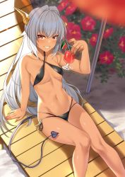Rule 34 | 1girl, bare arms, bare legs, bare shoulders, beach chair, bikini, black bikini, breasts, collarbone, commentary request, cup, dark-skinned female, dark skin, drinking glass, enjo kouhai, feet out of frame, fingernails, flower, grey hair, groin, highres, holding, holding cup, horns, long hair, looking at viewer, navel, parted lips, reclining, red eyes, sharp fingernails, side-tie bikini bottom, small breasts, smile, solo, stomach, swimsuit, tail, takunomi, ursula (takunomi), very long hair