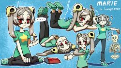 Rule 34 | ..., 1girl, alternate costume, bag of chips, bloody marie (skullgirls), blue background, casual, character name, chips (food), clapping, closed eyes, crocs, eating, fire, food, food on face, grey hair, highres, kuroirozuki, looking at viewer, lying, multiple views, on back, on stomach, red eyes, shirt, sitting, skeleton, skullgirls, solo, sweat, t-shirt, twintails