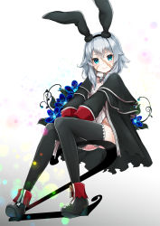 Rule 34 | 1girl, animal ears, black thighhighs, blue eyes, blush, boots, breasts, capelet, cleavage, coat, collar, fake animal ears, fate/grand order, fate (series), flower, full body, gradient background, grey hair, hairband, highres, hilo (joy hero), knees together feet apart, leotard, long hair, long sleeves, looking at viewer, mary read (fate), medium breasts, pilokey, rabbit ears, scar, scar on face, sitting, skull and crossbones, smile, solo, thighhighs, white leotard