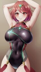 Rule 34 | 1girl, absurdres, amayo thranana, armpits, arms up, blush, breasts, closed mouth, covered navel, cowboy shot, groin, highres, large breasts, looking at viewer, multicolored clothes, multicolored swimsuit, official alternate costume, one-piece swimsuit, pyra (pro swimmer) (xenoblade), pyra (xenoblade), red eyes, red hair, short hair, smile, solo, suspenders, swept bangs, swimsuit, tiara, xenoblade chronicles (series), xenoblade chronicles 2