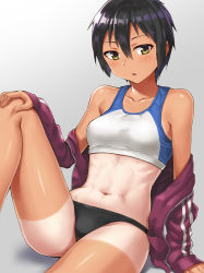 Rule 34 | 1girl, abs, arm support, black hair, commentary, hand on own knee, hashi, highres, jacket, leg up, navel, off shoulder, one-piece tan, original, short hair, simple background, sitting, solo, tan, tank top, tanline, tomboy, track jacket, track uniform, yellow eyes