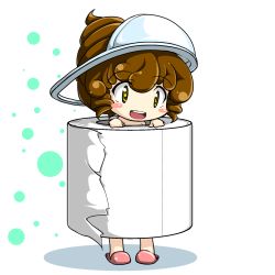 Rule 34 | 1girl, blush stickers, brown hair, chibi, drill hair, hat, highres, open mouth, original, personification, poop, red star (toranecomet), slippers, smile, solo, squat toilet, standing, toilet, toilet paper, toilet use, what, yellow eyes