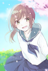 Rule 34 | 1girl, arms behind back, blue neckerchief, blue sailor collar, blue skirt, blurry, blurry background, blush, brown hair, cherry blossoms, dated, day, fubuki (kancolle), green eyes, highres, hiroi09, kantai collection, neckerchief, open mouth, outdoors, petals, pleated skirt, ponytail, sailor collar, school uniform, serafuku, signature, skirt, sky, solo