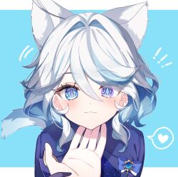 Rule 34 | 1boy, 1girl, ahoge, animal ears, blue eyes, blue hair, blue jacket, blush, cat ears, cat girl, cat tail, closed mouth, furina (genshin impact), genshin impact, hair between eyes, heterochromia, highres, jacket, jewelry, light blue hair, long hair, looking at viewer, multicolored hair, pomepome1207, simple background, smile, solo, streaked hair, tail, white hair, white tail