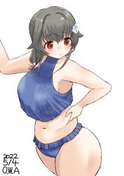 Rule 34 | 1girl, artist name, belly grab, bikini, black hair, blue bikini, breasts, brown eyes, commentary request, cowboy shot, dated, hair flaps, hair ornament, hairclip, highres, jingei (kancolle), kantai collection, large breasts, long hair, looking down, low ponytail, midriff, navel, official alternate costume, owa (ishtail), simple background, solo, swimsuit, weight conscious, white background