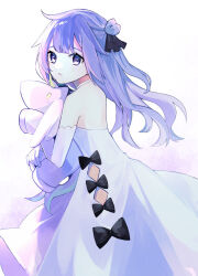 Rule 34 | 1girl, azur lane, bare shoulders, black bow, bow, choker, commentary request, dress, dress bow, elbow gloves, gloves, hair bun, highres, holding, holding stuffed toy, long hair, looking at viewer, mero sha, parted lips, purple eyes, purple hair, simple background, solo, strapless, strapless dress, stuffed toy, unicorn (azur lane), white background, white choker, white dress, white gloves