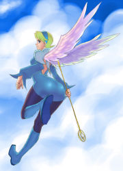 Rule 34 | 1girl, angel wings, ass, blonde hair, blue footwear, boots, breasts, breath of fire, breath of fire iv, cloud, day, dress, earrings, flying, full body, hairband, jewelry, knee boots, medium breasts, nina (breath of fire iv), nyantiu, outdoors, pantyhose, short hair, skirt, sky, solo, staff, white wings, wings