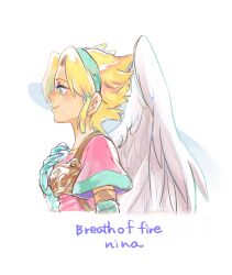 Rule 34 | 1girl, angel wings, anzuni (marblefrog), armor, blonde hair, blue eyes, breath of fire, breath of fire i, closed mouth, feathered wings, gloves, hairband, highres, nina (breath of fire i), short hair, simple background, smile, solo, white background, white wings, wings