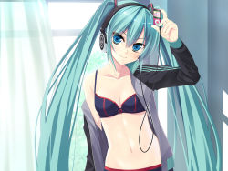 Rule 34 | 1girl, aqua eyes, aqua hair, arm up, bad id, bad pixiv id, blue eyes, blush, bow, bow bra, bra, breasts, cleavage, curtains, digital media player, flat chest, hatsune miku, head tilt, headphones, holding, ipod, jacket, lingerie, long hair, navel, off shoulder, open clothes, small breasts, smile, solo, track jacket, twintails, underwear, very long hair, vocaloid, window, yamakaze, yamakaze ran