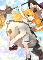 Rule 34 | 1girl, arm up, blonde hair, bloomers, blush, book, bow, braid, broom, fingerless gloves, gloves, gradient background, hair bow, hair ornament, hat, highres, kirisame marisa, long hair, looking at viewer, looking down, magic circle, mary janes, md5 mismatch, mini-hakkero, mushroom, one eye closed, open book, open mouth, paper, puffy sleeves, resized, shirt, shoe dangle, shoes, short sleeves, shoudoku taishi (taishi), side braid, single braid, skirt, skirt set, smile, socks, solo, star (symbol), touhou, underwear, upskirt, vest, white gloves, white socks, witch hat, yellow eyes