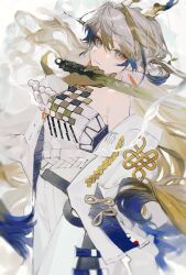 Rule 34 | 1girl, arknights, bare shoulders, beads, belt, blonde hair, blue hair, blurry, closed mouth, colored skin, cowboy shot, dragon girl, dragon horns, earrings, fingernails, floating hair, grey eyes, grey hair, hair between eyes, hand up, highres, holding, holding sword, holding weapon, horns, jacket, jewelry, light smile, long hair, long sleeves, looking at viewer, making-of available, multicolored hair, off shoulder, open clothes, open jacket, perdrekisuru, pointy ears, shu (arknights), sketch, slit pupils, solo, standing, strapless, sword, tube top, unfinished, very long hair, video thumbnail, weapon, white belt, white horns, white jacket, white tube top, yellow horns