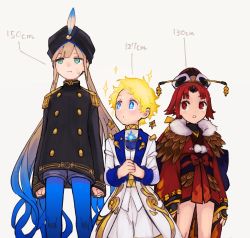 Rule 34 | 1girl, 2boys, aqua eyes, benienma (fate), blonde hair, blue eyes, captain nemo (fate), epaulettes, fate/grand order, fate (series), feather trim, long coat, multiple boys, nemo (fate), pantyhose, pspsno pan, red eyes, red hair, shorts, size comparison, sparkling eyes, turban, twintails, voyager (fate), voyager (second ascension) (fate)