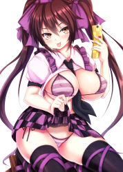 Rule 34 | 1girl, :p, between breasts, bikini, black thighhighs, blush, bow, breasts, brown eyes, brown hair, cellphone, checkered clothes, checkered skirt, clothes lift, covered erect nipples, ebi 193, geta, hair bow, hair ribbon, hat, himekaidou hatate, large breasts, leg ribbon, long hair, looking at viewer, naughty face, necktie, necktie between breasts, phone, puffy short sleeves, puffy sleeves, purple bikini, ribbon, shirt, shirt lift, short sleeves, side-tie bikini bottom, simple background, skirt, skirt lift, smile, solo, sparkle, striped bikini, striped clothes, swimsuit, thighhighs, tokin hat, tongue, tongue out, touhou, twintails, very long hair, white background