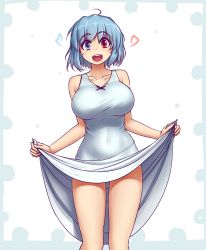 Rule 34 | 1girl, ahoge, bare legs, blue dress, blue eyes, blue hair, breasts, clothes lift, collarbone, dress, dress lift, hater (hatater), heterochromia, highres, large breasts, lifted by self, looking at viewer, open mouth, red eyes, short hair, smile, solo, standing, tatara kogasa, teeth, thighs, touhou, white background