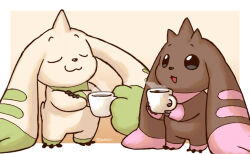 Rule 34 | closed eyes, coffee cup, crossed arms, cup, digimon, digimon (creature), disposable cup, horns, lopmon, terriermon