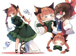 Rule 34 | &gt; &lt;, 2girls, afterimage, anger vein, angry, animal ears, arms behind back, arrow (symbol), ascot, black bow, black footwear, blunt bangs, blush, bow, braid, breasts, brown hair, cat ears, cat tail, closed eyes, clothes grab, extra ears, eyebrows, frilled skirt, frills, ghost, green skirt, hair bow, hakurei reimu, half updo, heart, juliet sleeves, kaenbyou rin, leaning forward, leg ribbon, long hair, long sleeves, looking at viewer, multiple girls, multiple views, nekomata, own hands together, peeking, piyokichi, profile, puffy sleeves, red bow, red eyes, red hair, red ribbon, ribbon, ribbon-trimmed sleeves, ribbon trim, shaded face, shoes, sketch, skirt, standing, tail, touhou, waving arms, white background
