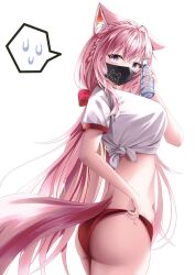 Rule 34 | 1girl, absurdres, animal ears, ass, breasts, hakui koyori, highres, hololive, holox, large breasts, long hair, mask, panties, pink hair, shira jun, short sleeves, sweatdrop, tail, thick thighs, thighs, underwear, virtual youtuber, water, white background, wolf ears, wolf girl, wolf tail
