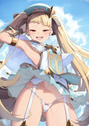 Rule 34 | 1girl, :d, absurdres, achates (epic seven), achates ururuda, arm behind head, armlet, armpits, black ribbon, blonde hair, blue sky, blunt bangs, bow, bow panties, breasts, capelet, cleft of venus, clothes lift, cloud, cloudy sky, commentary request, day, dress, dress lift, earrings, epic seven, from below, garter belt, gluteal fold, green headwear, hair ribbon, half-closed eyes, highres, jewelry, karadborg, korean commentary, long hair, looking at viewer, medium breasts, mesugaki, micro panties, open mouth, outdoors, panties, partially visible vulva, red eyes, ribbon, sky, smile, solo, string panties, stud earrings, teeth, twintails, underwear, upper teeth only, very long hair, white capelet, white panties, wind, wind lift