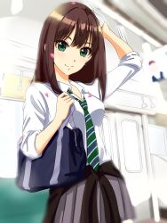 Rule 34 | 1girl, arm up, bad id, bad pixiv id, bag, black sweater, breasts, brown hair, clothes around waist, collared shirt, from below, green eyes, green necktie, grey skirt, hair over shoulder, highres, holding, holding bag, idolmaster, idolmaster cinderella girls, long hair, looking at viewer, looking down, medium breasts, miniskirt, necktie, pleated skirt, school bag, shibuya rin, shiki (0802makimari), shirt, skirt, sleeves rolled up, smile, solo, standing, striped necktie, striped neckwear, sweater, sweater around waist, train interior, white shirt, wing collar