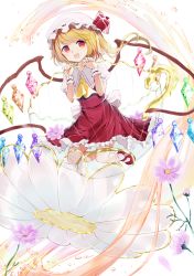 Rule 34 | 1girl, ascot, bad id, bad pixiv id, blonde hair, blouse, bow, collared shirt, cosmos (flower), crystal, fang, flandre scarlet, flower, frilled shirt, frilled shirt collar, frilled skirt, frilled sleeves, frills, full body, happiness lilys, hat, hat ribbon, highres, looking at viewer, medium hair, mob cap, one side up, puffy short sleeves, puffy sleeves, purple flower, red bow, red eyes, red footwear, red ribbon, red skirt, red vest, ribbon, saucer, shirt, short hair, short sleeves, side ponytail, skin fang, skirt, skirt set, solo, touhou, transparent, vest, white flower, white legwear, white shirt, wings, wrist cuffs, yellow ascot