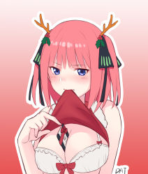 Rule 34 | 1girl, between breasts, black ribbon, blue eyes, blunt bangs, blush, bra, breasts, butterfly hair ornament, christmas, cleavage, clothes in mouth, clothes lift, da-cart, gift, go-toubun no hanayome, gradient background, hair ornament, highres, horns, large breasts, looking at viewer, mouth hold, nakano nino, pink hair, red ribbon, ribbon, shirt, shirt in mouth, shirt lift, simple background, sleeveless, sleeveless shirt, twintails, underwear, white bra