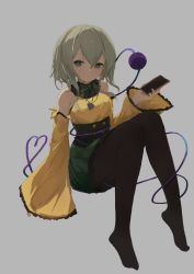 Rule 34 | 1girl, a pomelo, absurdres, adapted costume, black pantyhose, cellphone, corset, detached sleeves, feet, floating, full body, green eyes, green hair, grey background, hair between eyes, heart, heart-shaped pupils, heart of string, highres, holding, holding phone, komeiji koishi, long sleeves, looking at viewer, medium hair, no headwear, pantyhose, phone, simple background, sleeves past wrists, smartphone, solo, symbol-shaped pupils, third eye, touhou, wide sleeves
