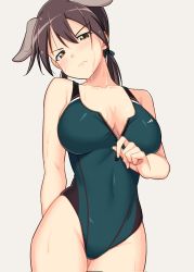 Rule 34 | 1girl, alternate costume, animal ears, black one-piece swimsuit, breasts, cleavage, dog ears, embarrassed, gertrud barkhorn, gradient background, green one-piece swimsuit, grey background, guchiaki, hair between eyes, highres, looking at viewer, medium breasts, one-piece swimsuit, solo, strike witches, swimsuit, wet, wet clothes, world witches series, zipper
