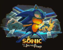 1boy absurdres blue_fur body_fur copyright_name cowboy_shot furry furry_male glint green_eyes highres kornart solo sonic_(series) sonic_and_the_secret_rings sonic_the_hedgehog twitter_username