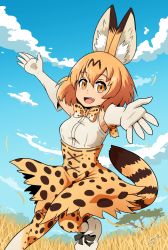 Rule 34 | 10s, 1girl, :d, animal ears, armpits, arms up, artist name, blonde hair, boots, bow, bowtie, cloud, commentary, day, elbow gloves, footwear ribbon, gloves, hair between eyes, high-waist skirt, kemono friends, knee boots, lareindraws, leg up, looking at viewer, open mouth, outdoors, outstretched arms, print bow, print bowtie, print neckwear, print skirt, print thighhighs, savannah, serval (kemono friends), serval print, serval tail, shirt, signature, skirt, sky, sleeveless, smile, solo, spread arms, tail, thighhighs, tree, white shirt, yellow bow, yellow bowtie, yellow eyes