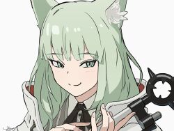 Rule 34 | 1girl, animal ear fluff, animal ears, arknights, blunt bangs, cat ears, closed mouth, green eyes, green hair, grey background, harmonie (arknights), holding, holding wand, long hair, looking at viewer, portrait, simple background, solo, uki atsuya, wand