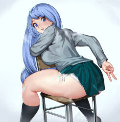Rule 34 | 1girl, ass, black socks, blue eyes, blue hair, blush, boku no hero academia, breasts, cardigan, chair, commission, curvy, drill hair, feet out of frame, fingernails, from behind, green skirt, grey cardigan, hadou nejire, highres, keigi, large breasts, light blue hair, long hair, looking at viewer, looking back, panties, school chair, school uniform, side-tie panties, sitting, sitting backwards, skirt, socks, solo, sweat, thick thighs, thighs, twin drills, underwear, v, very long hair, white panties