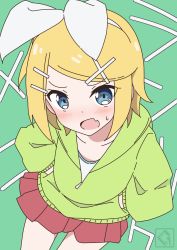 Rule 34 | 1girl, aqua background, artist logo, blonde hair, blue eyes, blush, bow, bow hairband, commentary, cowboy shot, fang, giryu, green jacket, hair bow, hair ornament, hairband, hairclip, hands in pockets, highres, hood, hooded jacket, jacket, kagamine rin, leaning forward, looking at viewer, melancholic (vocaloid), miniskirt, open mouth, pleated skirt, red skirt, short hair, skin fang, skirt, solo, song name, swept bangs, v-shaped eyebrows, vocaloid, white bow, zipper pull tab