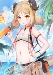 Rule 34 | + +, 1girl, :o, absurdres, arknights, arm strap, bare shoulders, bikini, bikini bottom only, blonde hair, blue sky, breasts, chest sarashi, chinese commentary, choker, cleavage, cloud, coconut tree, collarbone, commentary request, cowboy shot, day, flamethrower, fork, groin, hair between eyes, hand on own hip, highres, holding, horns, id card, ifrit (arknights), ifrit (sunburn) (arknights), long hair, looking at viewer, low twintails, material growth, miao (tt17725933484), nail polish, navel, ocean, official alternate costume, open mouth, orange choker, orange eyes, orange nails, oripathy lesion (arknights), outdoors, palm tree, sarashi, see-through, see-through skirt, sidelocks, skirt, sky, small breasts, solo, spatula, standing, stomach, swimsuit, tree, twintails, water drop, weapon, white bikini