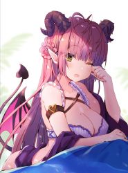 Rule 34 | 1girl, ;d, antenna hair, arched back, arm strap, bare shoulders, bra, breasts, cleavage, collarbone, curled horns, demon girl, demon horns, demon tail, demon wings, frilled bra, frills, hand up, highres, horns, large breasts, long hair, looking at viewer, mole, mole on breast, one eye closed, open mouth, original, pink hair, pointy ears, shawl, sidelocks, smile, solo, tail, underwear, usagihime, very long hair, white bra, wings, yellow eyes
