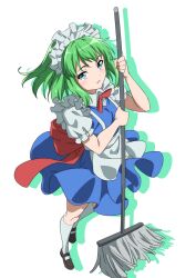 Rule 34 | 1girl, apron, black footwear, blue dress, blue eyes, dress, frilled sleeves, frills, green hair, gyouza (mhea5724), highres, holding, holding mop, maid, maid apron, maid headdress, medium hair, mop, open mouth, ruukoto, shoes, short sleeves, simple background, socks, solo, touhou, touhou (pc-98), waist apron, white apron, white background, white socks