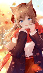 Rule 34 | 1girl, :d, animal ear fluff, animal ears, autumn, autumn leaves, belt, belt buckle, black coat, blue eyes, blurry, blurry background, blush, braid, brown hair, buckle, cat ears, cat girl, coat, commentary request, day, depth of field, duffel coat, falling leaves, twirling hair, hands up, highres, leaf, light particles, long hair, long sleeves, looking at viewer, maple leaf, necomi, off shoulder, open clothes, open coat, open mouth, original, outdoors, plaid, plaid scarf, red scarf, scarf, signature, sleeves past wrists, smile, solo, sweater, upper body, white sweater