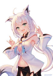 Rule 34 | 1girl, :d, ahoge, animal ear fluff, animal ears, black shorts, braid, breasts, detached sleeves, double fox shadow puppet, earrings, fox ears, fox girl, fox shadow puppet, fox tail, green eyes, highres, hololive, jackmiho, jewelry, looking at viewer, medium breasts, navel, open mouth, shirakami fubuki, shirakami fubuki (1st costume), short hair, shorts, single braid, single earring, smile, solo, tail, teeth, twitter username, upper teeth only, virtual youtuber, white sleeves