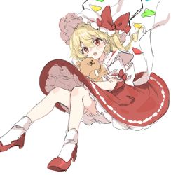 Rule 34 | 1girl, :o, blonde hair, bloomers, blush, bobby socks, bow, commentary request, crystal, expressionless, flandre scarlet, foot out of frame, frilled shirt, frilled shirt collar, frilled skirt, frilled sleeves, frills, hair between eyes, hat, hat bow, hat ribbon, high heels, highres, holding, holding stuffed toy, looking at viewer, medium hair, mob cap, one side up, open mouth, paragasu (parags112), puffy short sleeves, puffy sleeves, red bow, red eyes, red footwear, red ribbon, red skirt, red vest, ribbon, shirt, short sleeves, simple background, skirt, skirt set, socks, solo, stuffed animal, stuffed toy, teddy bear, touhou, underwear, vest, white background, white bloomers, white hat, white shirt, white socks, wings