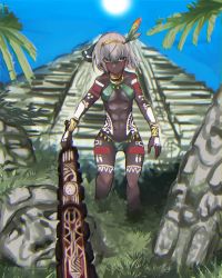 Rule 34 | 1girl, abs, asatsuki (cookie), aztec, blue sky, bodypaint, breasts, bright pupils, bush, closed mouth, commentary request, cookie (touhou), dark-skinned female, dark skin, day, feather hair ornament, feathers, full body, gold hairband, grass, green eyes, green panties, hair between eyes, hair ornament, hairband, highres, holding, holding sword, holding weapon, konpaku youmu, looking at viewer, macuahuitl, medium breasts, navel, olmec head, outdoors, palm tree, panties, pyramid (structure), shimosuke, short hair, sky, solo, sun, sword, touhou, tree, underwear, very dark skin, weapon, white pupils