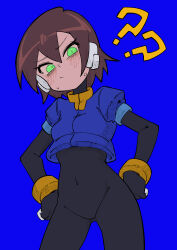 Rule 34 | 1girl, ?, ??, absurdres, aile (mega man zx), black bodysuit, blue background, blue jacket, blush, bodysuit, bodysuit under clothes, brown hair, buzzlyears, commentary, covered navel, cropped jacket, glowing, glowing eyes, green eyes, hand on own hip, highres, jacket, mega man (series), mega man zx, short hair, simple background, solo, sweat