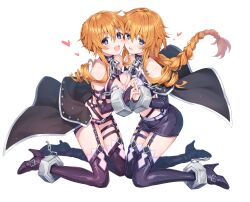 2girls bare_shoulders black_cape blue_eyes boots braid breasts cape chain cleavage cuffs date_a_live drill_hair drill_sidelocks full_body garter_straps hair_between_eyes highres holding_hands long_hair looking_at_viewer medium_breasts moeki_yuuta multiple_girls open_mouth orange_hair revealing_clothes shackles siblings sidelocks sisters smile thigh_boots twins yamai_kaguya yamai_yuzuru