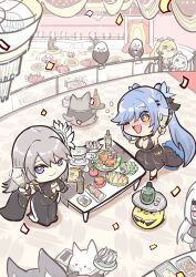 Rule 34 | 6+girls, absurdres, alcohol, animal ears, azur lane, bald eagle, bird, black dress, black footwear, blonde hair, blue hair, blush, breasts, cat ears, center opening, champagne, champagne flute, chibi, confetti, cup, dress, drinking glass, eagle, enterprise (azur lane), enterprise (heroic finery) (azur lane), essex (azur lane), essex (craft fairytail) (azur lane), evening gown, fork, from above, green eyes, grim (azur lane), halter dress, halterneck, highres, himajin (fd jin), holding, holding tray, hornet (azur lane), hornet (bubbly anniversary!) (azur lane), kitchen knife, knife, large breasts, medium breasts, meowfficer (azur lane), multiple girls, one eye closed, open mouth, round table, sleeveless, sleeveless dress, squeans, stage, table, tray, yorktown (azur lane), yorktown (evening i can&#039;t remember) (azur lane)