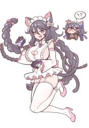 Rule 34 | 2girls, :3, ?, ??, absurdly long hair, animal ear fluff, animal ears, animal hands, black hair, blush stickers, bodysuit, braid, breasts, brown bodysuit, bulga, cat ears, cat girl, cat tail, chibi, claw pose, cleavage, cleavage cutout, clothing cutout, cosplay, costume switch, fang, flower, gloves, hair between eyes, hair flower, hair ornament, heart cutout, heterochromia, huge breasts, large breasts, last origin, long hair, looking at viewer, maid headdress, mini person, minigirl, mole, mole on breast, mole under mouth, multiple braids, multiple girls, multiple persona, paw gloves, perrault (last origin), poi (last origin), purple eyes, quad braids, sideboob, simple background, tail, very long hair, white background, yellow eyes