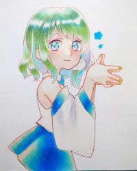 Rule 34 | 1girl, alternate hair length, alternate hairstyle, bare shoulders, blue eyes, blue flower, blue skirt, collared shirt, curly hair, detached sleeves, flower, green hair, green nails, hands up, highres, japanese clothes, kochiya sanae, long sleeves, looking at viewer, medium hair, miko, nail polish, nontraditional miko, own hands together, shirt, simple background, skirt, sleeveless, sleeveless shirt, smile, touhou, traditional media, white background, white shirt, whoru