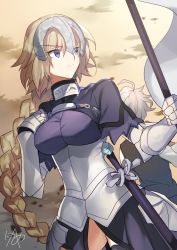 Rule 34 | 1boy, 1girl, armor, artist name, back-to-back, blonde hair, braid, closed mouth, commentary request, fate/apocrypha, fate (series), faulds, flag, gauntlets, hair between eyes, hand up, headpiece, highres, holding, holding flag, jeanne d&#039;arc (fate), jeanne d&#039;arc (ruler) (fate), long hair, looking to the side, nikame, outdoors, purple eyes, sieg (fate), signature, single braid, solo focus, standard bearer, thighhighs, very long hair, wavy hair