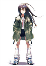 Rule 34 | 1girl, black sailor collar, black skirt, closed mouth, coat, commentary request, crossed bangs, drawstring, expressionless, full body, green coat, hair between eyes, half-closed eyes, hands in pockets, jiyu2, large shoes, leg warmers, long bangs, long hair, long legs, long sleeves, miniskirt, open clothes, open coat, original, pleated skirt, sailor collar, school uniform, serafuku, shirt, shoes, simple background, skirt, sneakers, solo, white background, white shirt