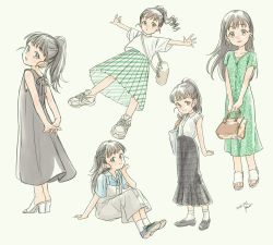 Rule 34 | arm support, arms behind back, bag, black dress, black eyes, black footwear, black hair, black skirt, blue shirt, buttons, checkered clothes, checkered skirt, child, clenched hand, collarbone, commentary request, dress, flat chest, floral print, fukuyama mai, full body, green dress, green skirt, grey dress, h vstpy, hand on own chin, high heels, highres, holding, holding bag, idolmaster, idolmaster cinderella girls, interlocked fingers, long hair, long skirt, looking at viewer, looking back, midair, multiple views, on floor, outstretched arms, outstretched legs, parted lips, ponytail, sandals, shirt, shoes, short sleeves, shoulder bag, sitting, skirt, sleeveless, sleeveless shirt, smile, sneakers, socks, white background, white footwear, white shirt, white socks, wing collar