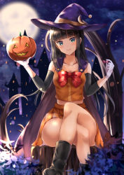 Rule 34 | 1girl, bare shoulders, black footwear, black hair, black sleeves, blunt bangs, boots, bow, brown cape, brown shirt, brown skirt, candy wrapper, cape, commentary request, crescent, detached sleeves, food, full moon, gloves, green eyes, hair ornament, hairclip, halloween, hat, holding, holding food, jack-o&#039;-lantern, kurosawa dia, long hair, long sleeves, love live!, love live! school idol festival, love live! sunshine!!, moon, multicolored cape, multicolored clothes, night, night sky, outdoors, pleated skirt, purple cape, purple hat, red bow, shirt, sin (sin52y), sitting, skirt, sky, solo, star (sky), starry sky, tree stump, very long hair, white gloves, witch hat
