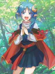 Rule 34 | 1girl, ahoge, blue eyes, blue hair, blush, cape, crescent, crescent hair ornament, forest, hair ornament, highres, kazuwaya, looking at viewer, nature, open mouth, photo background, pointy ears, red cape, rena lanford, short hair, skirt, smile, solo, star ocean, star ocean the second story, tree