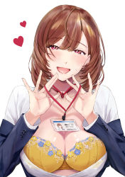 Rule 34 | 1girl, :d, absurdres, bare shoulders, blazer, blue jacket, blush, bra, breasts, brown hair, cleavage, hair between eyes, heart, highres, id card, jacket, lanyard, large breasts, looking at viewer, medium hair, name tag, off shoulder, office lady, open clothes, open jacket, open mouth, open shirt, original, panpansute, pink eyes, shirt, smile, solo, underwear, upper body, white background, white shirt, yellow bra